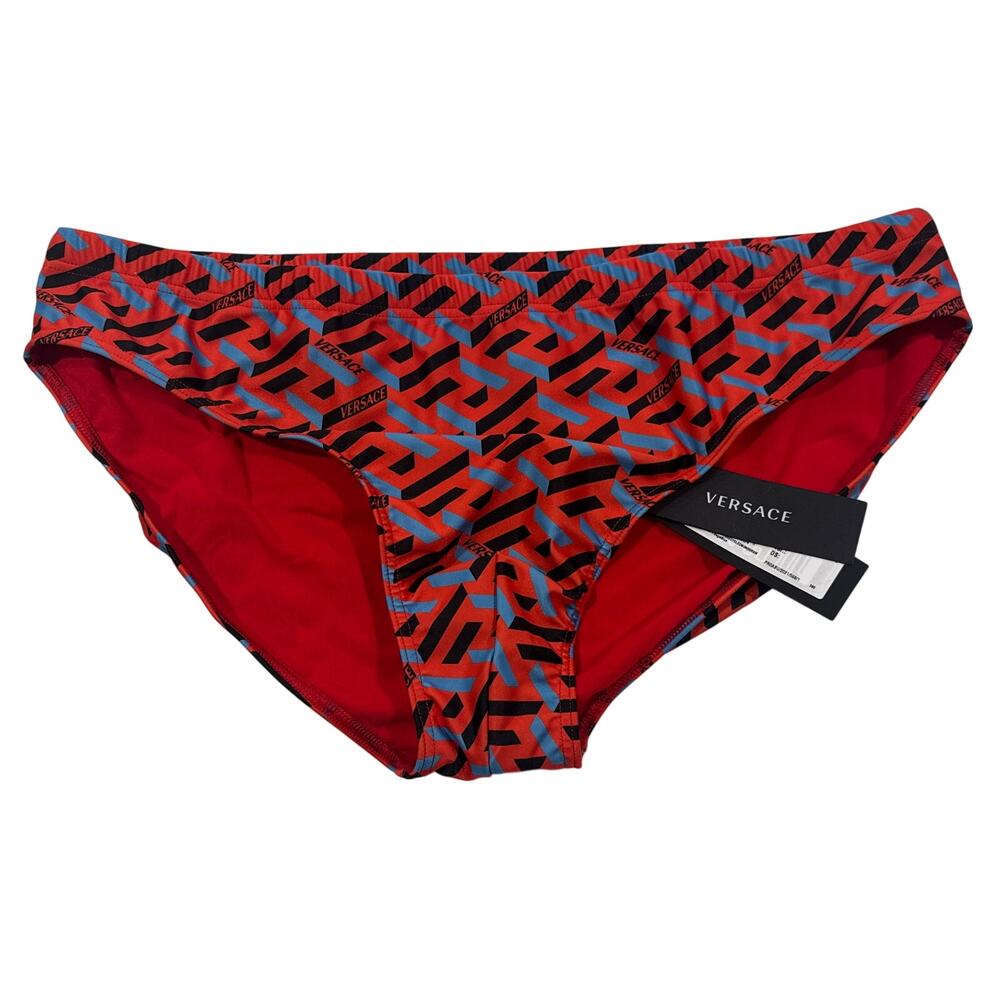 VERSACE Mens La Greca Monogram Swim Briefs Orange Peel Regal Blue Size 7 US 2XL